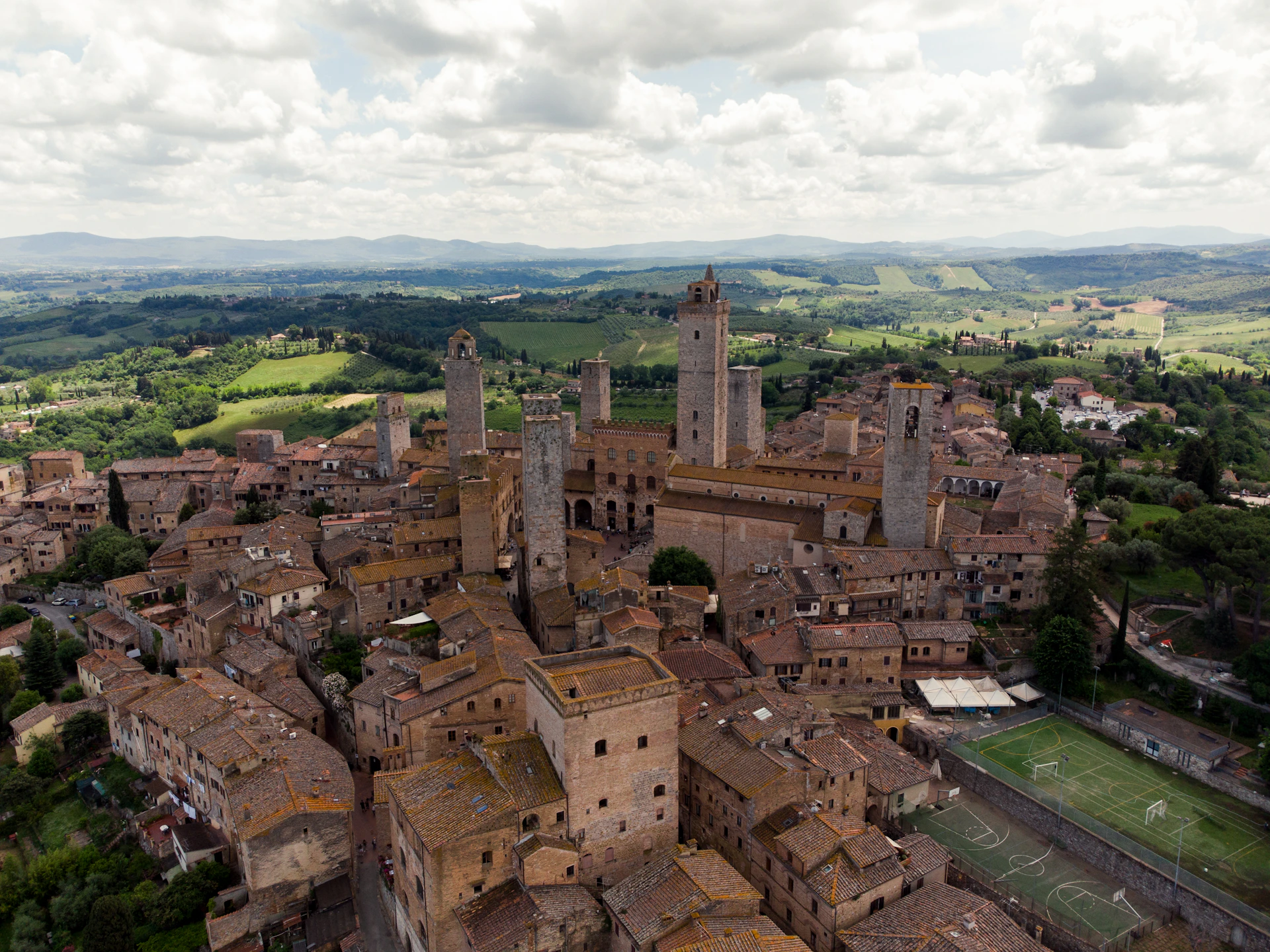 An aerial view of a village in the countryside