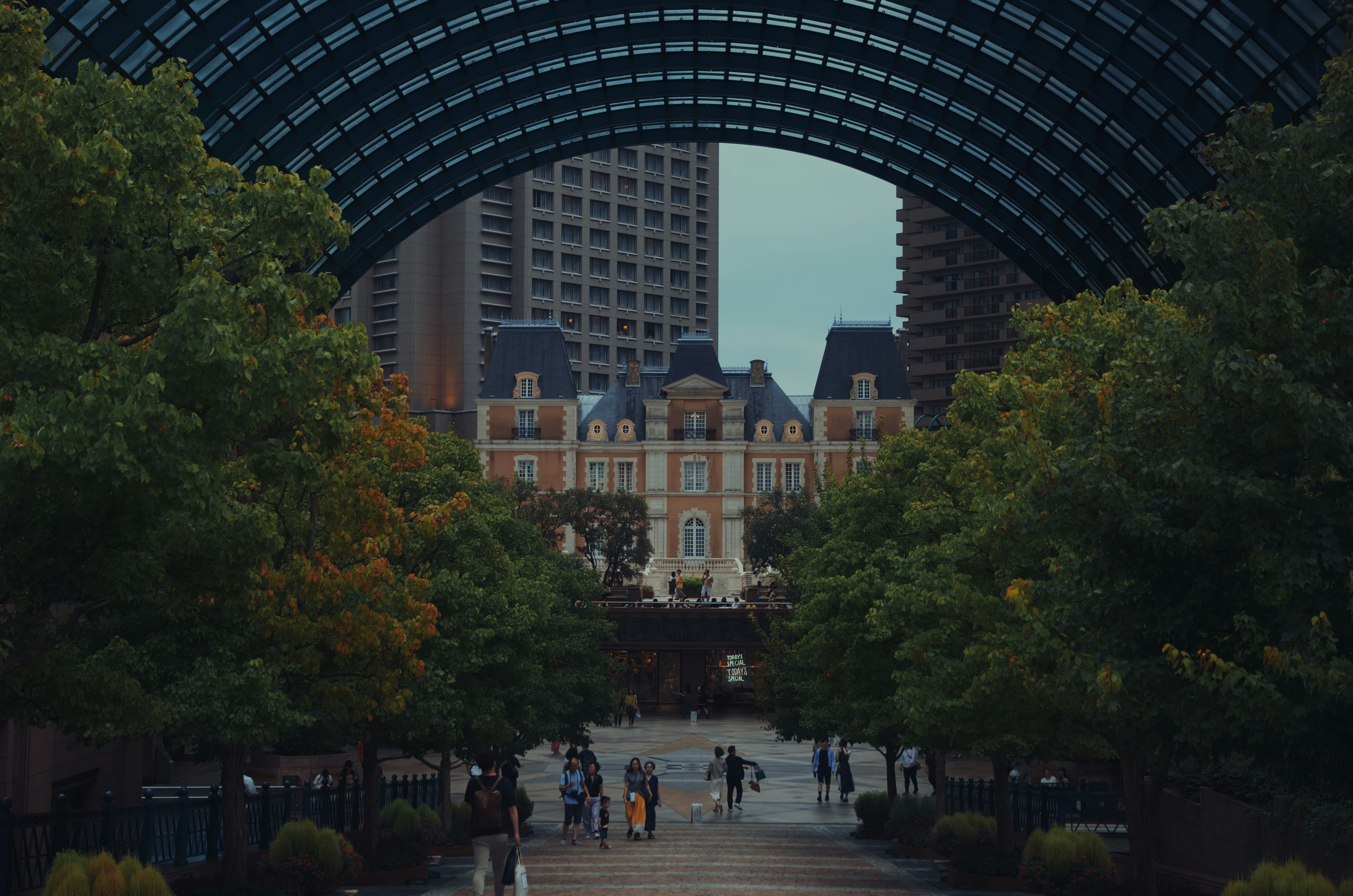 A view of a building through an archway