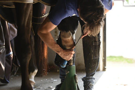 A person bending down to pet a horse