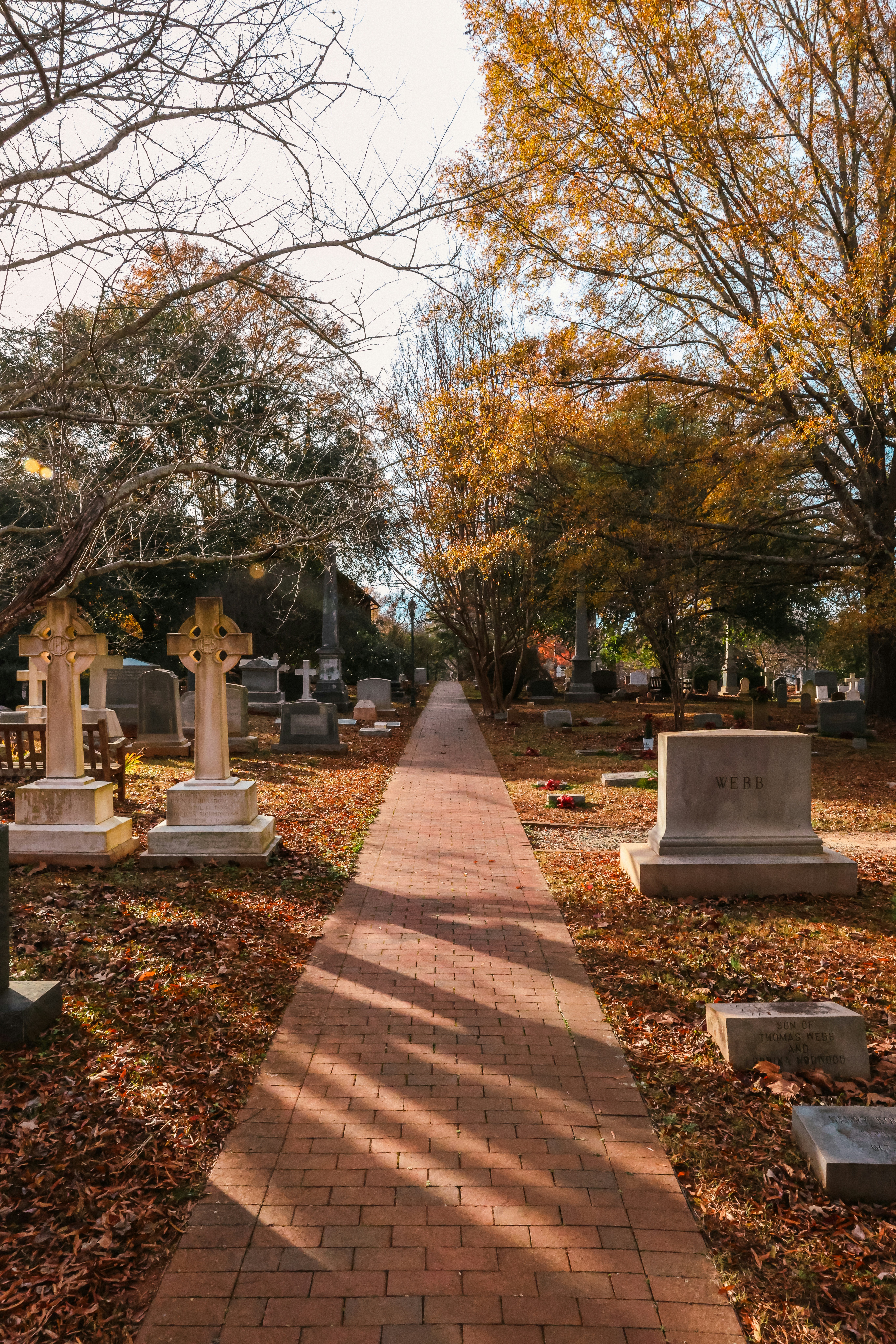 Un long chemin de briques dans un cimetière entouré d’arbres