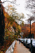 A group of people walking down a sidewalk next to parked cars