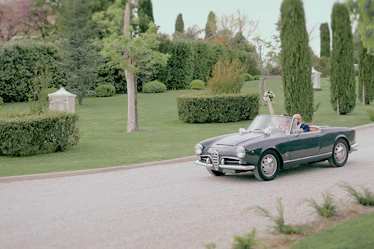 A car driving down a road next to a lush green park