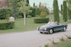 A car driving down a road next to a lush green park