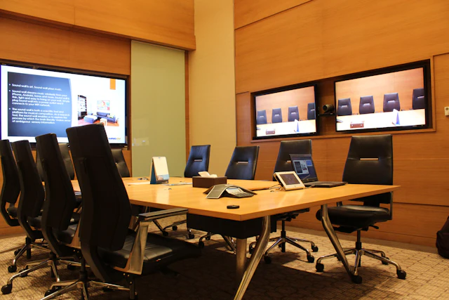 Professional conference room with large wooden table, ergonomic chairs, and wall-mounted display screens