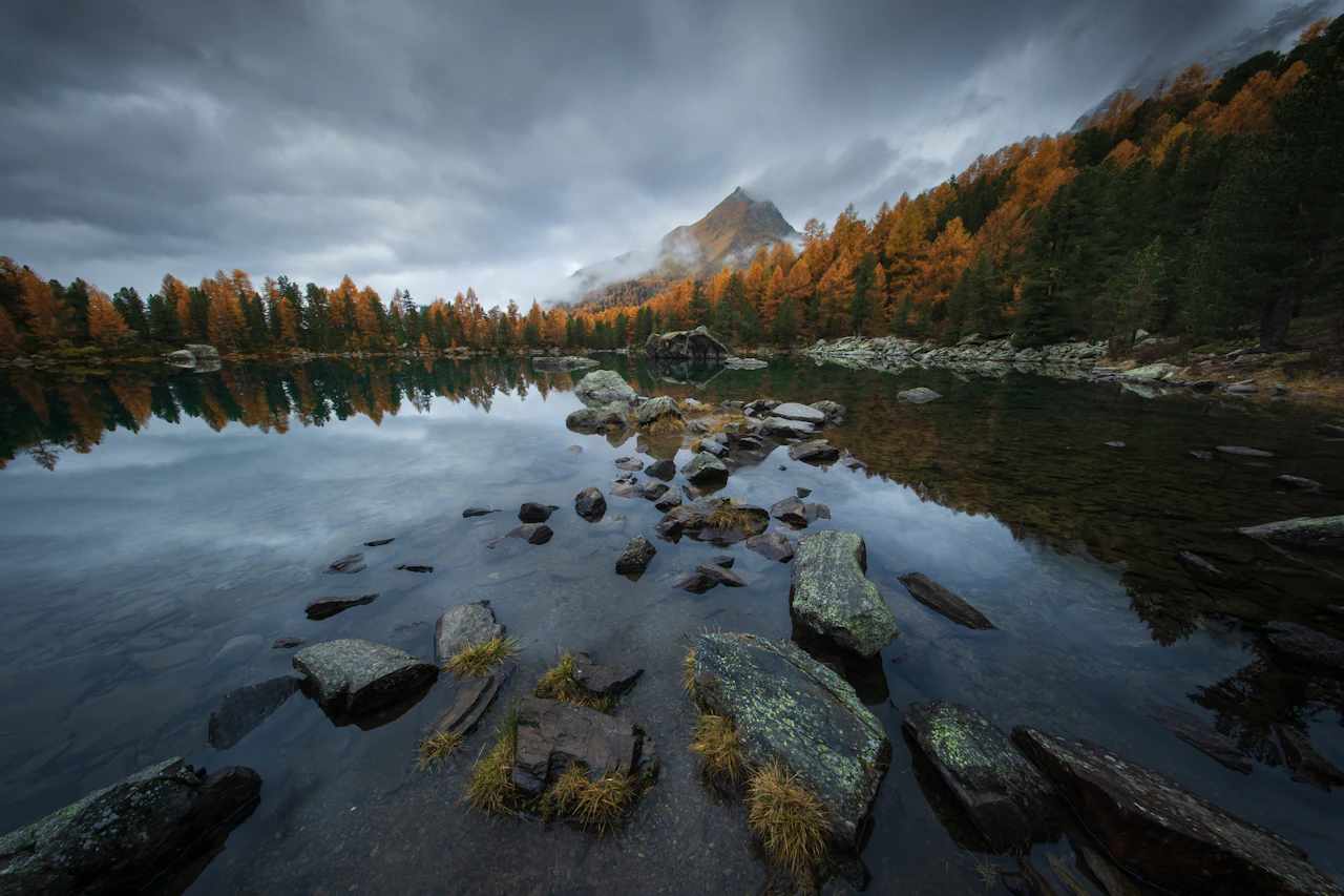 Lake reflecting trees and mountains at sunset