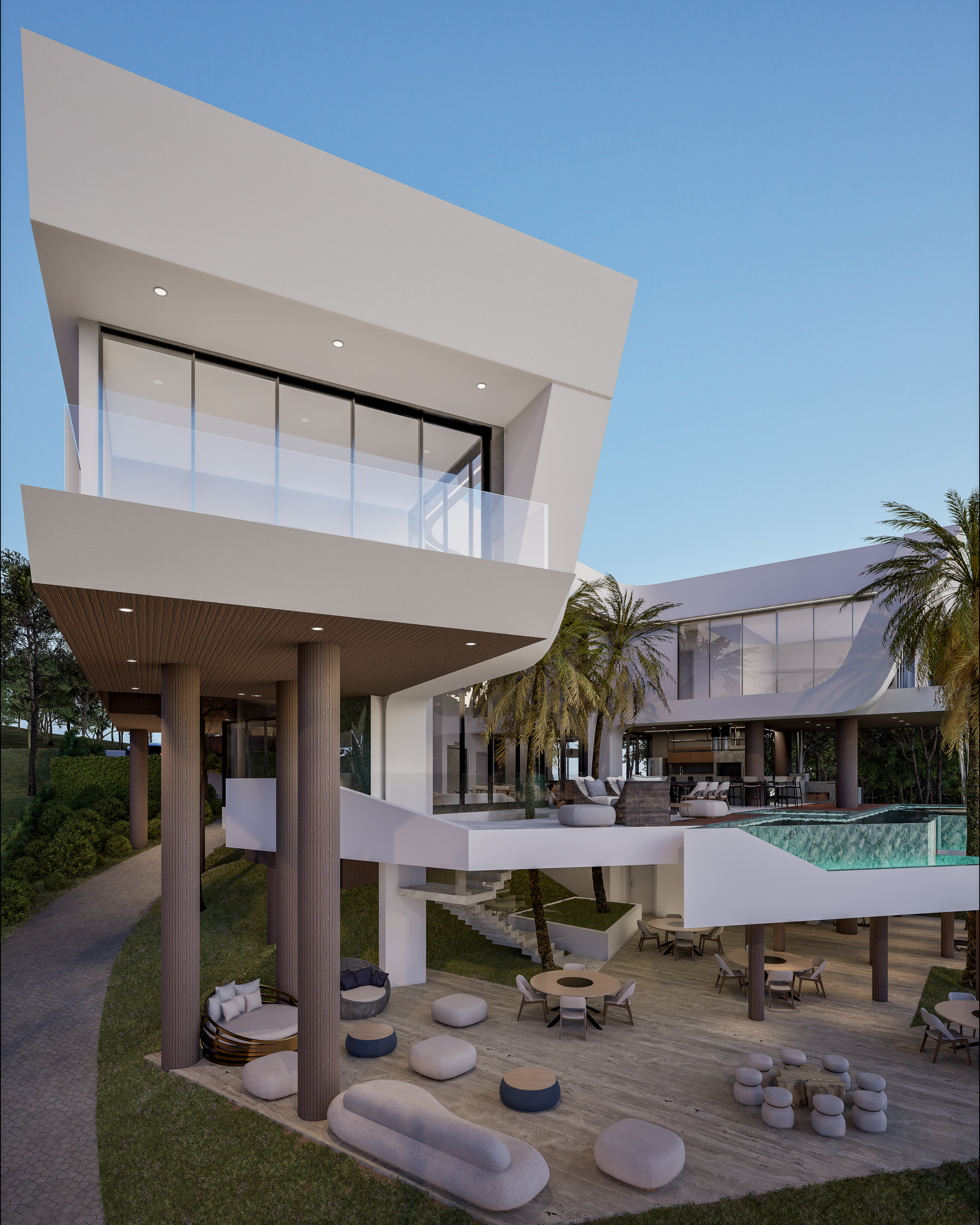 Villa exterior with palm trees, outdoor terrace and pool, warm golden light