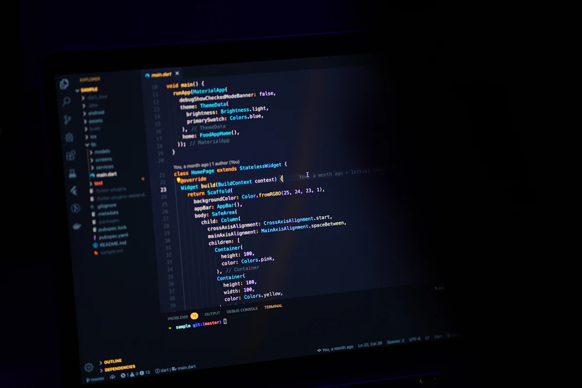 Dark-themed code editor showing a Flutter app screen