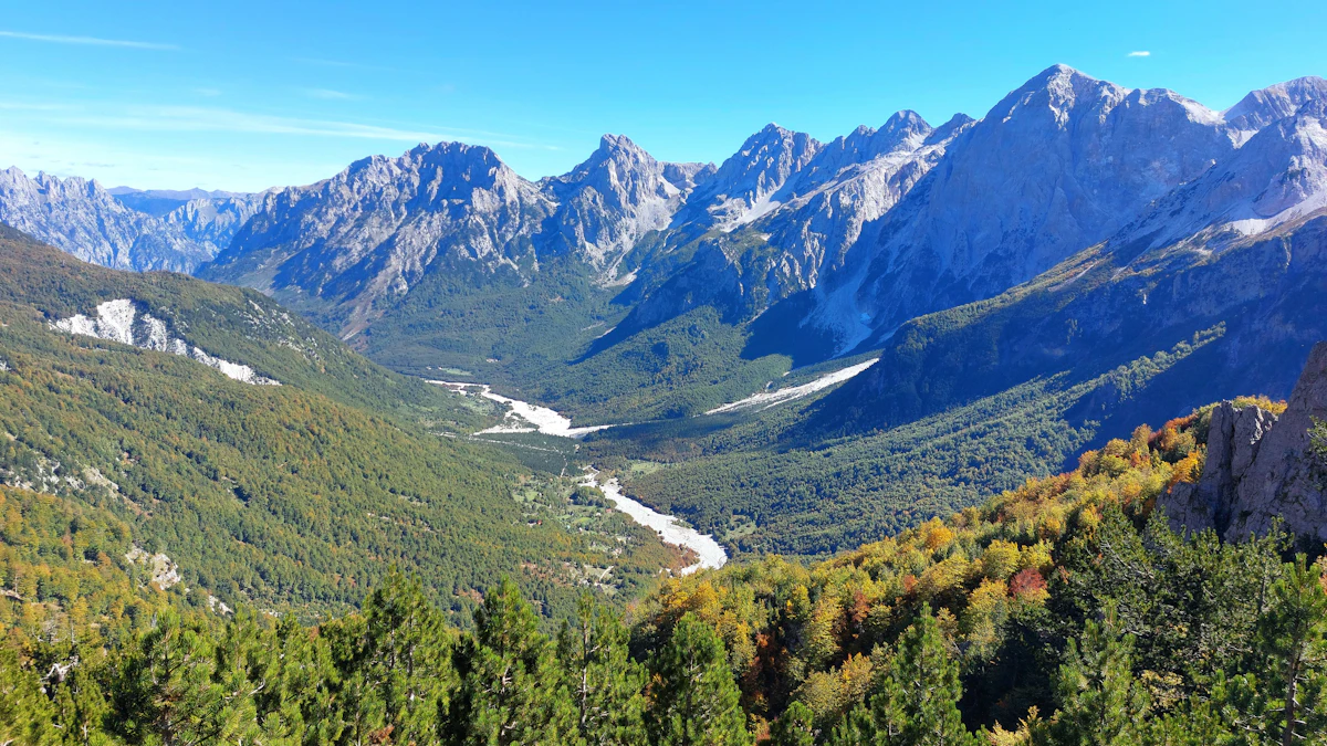 Limestone peaks of the Albanian Alps above Theth at sunset