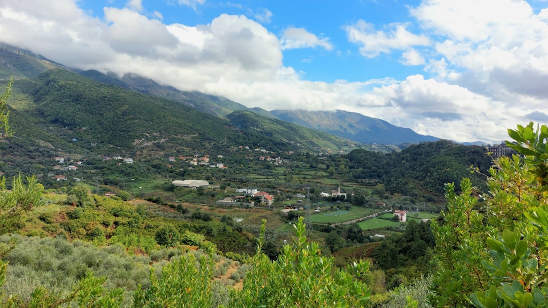 A scenic view of a valley with a mountain in the background,