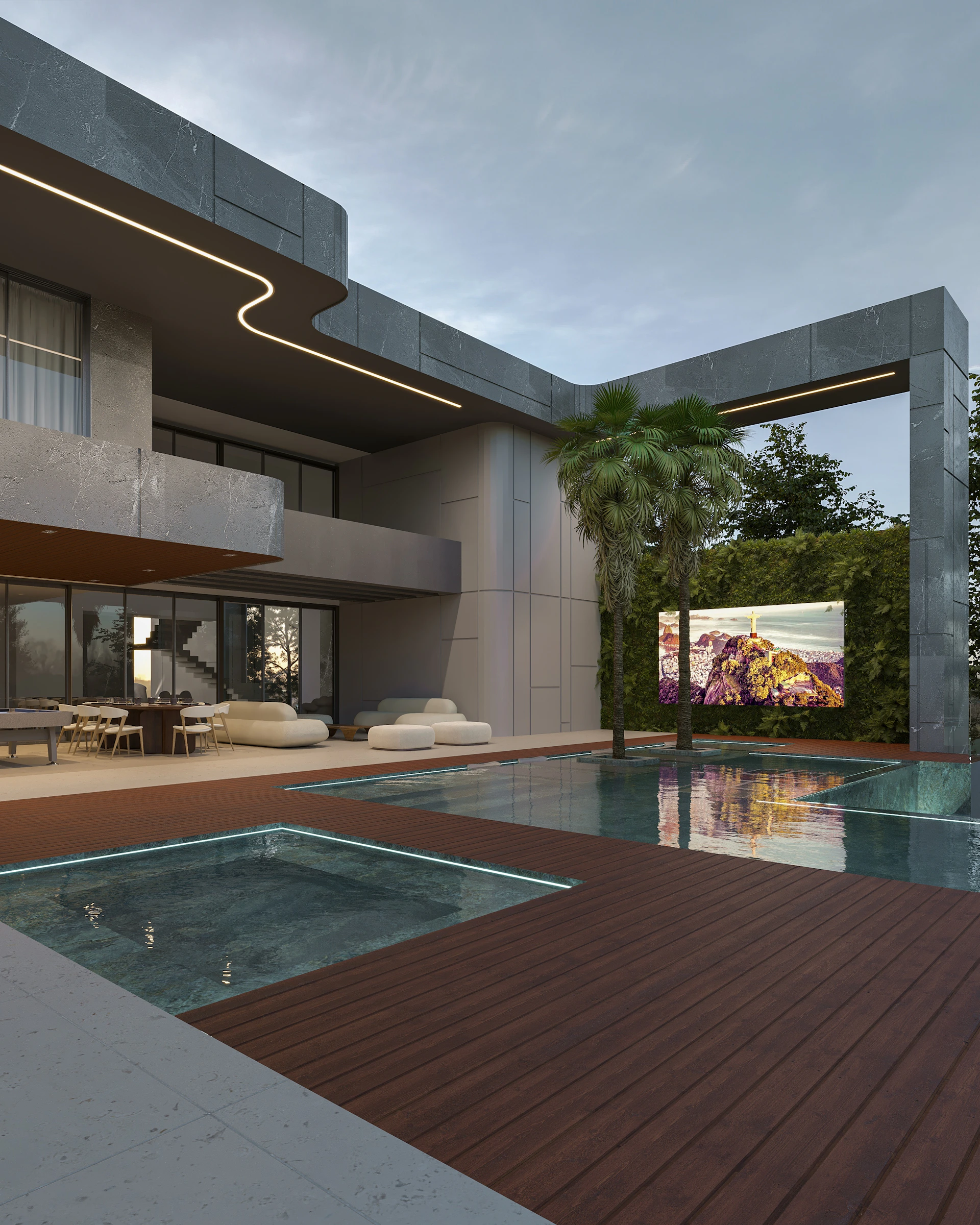 A large house with a swimming pool in front of it