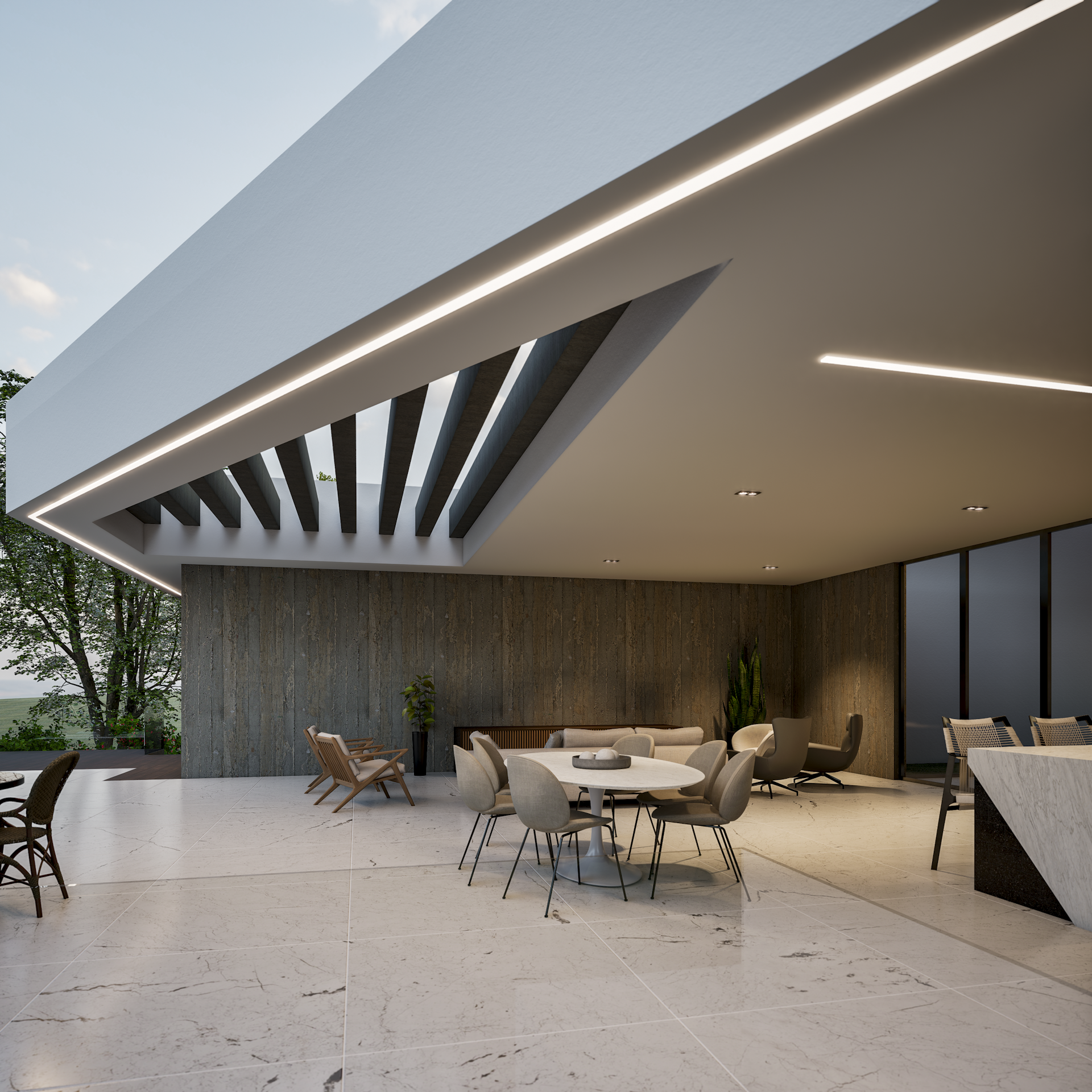 A dining area with a table and chairs