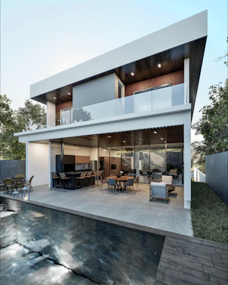 A modern house with a pool in front of it