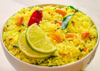 A white bowl filled with rice and vegetables