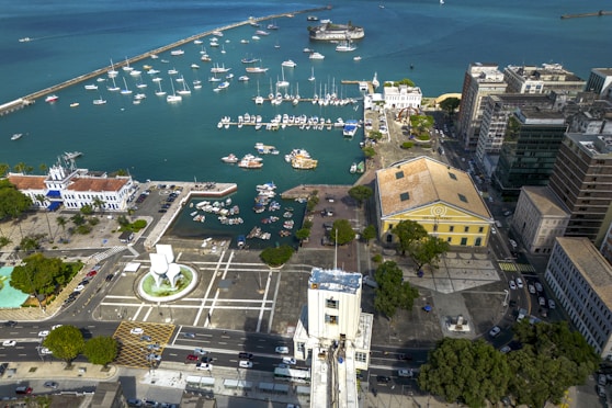 An aerial view of a city with boats in the water