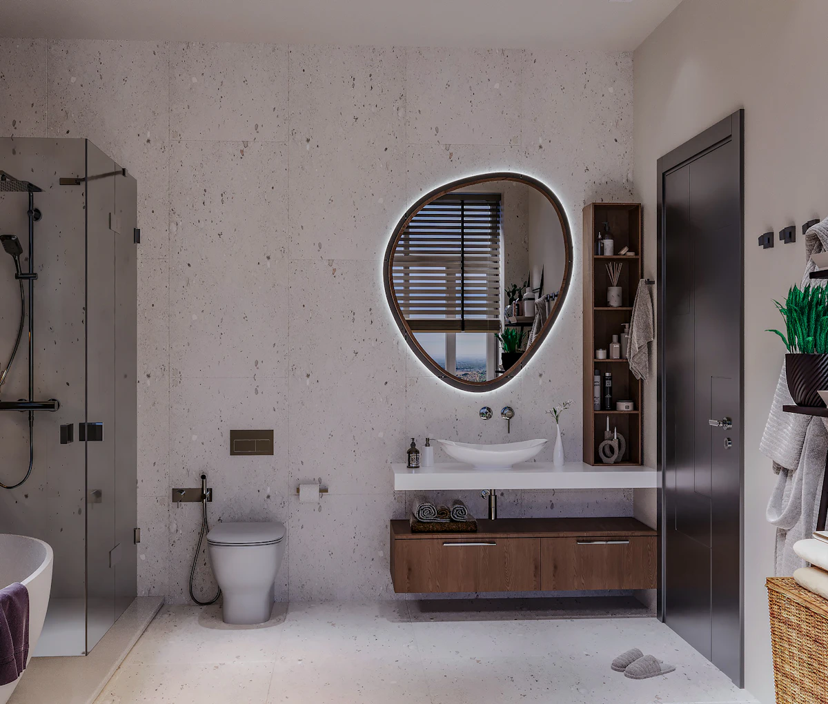 Small bathroom with a clear walkway and a large mirror