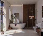 A bathroom with a tub, sink, and large window
