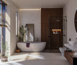 A bathroom with a tub, sink, and large window