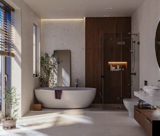 A bathroom with a tub, sink, and large window