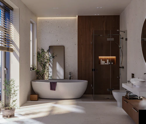 Bathroom with tub and window