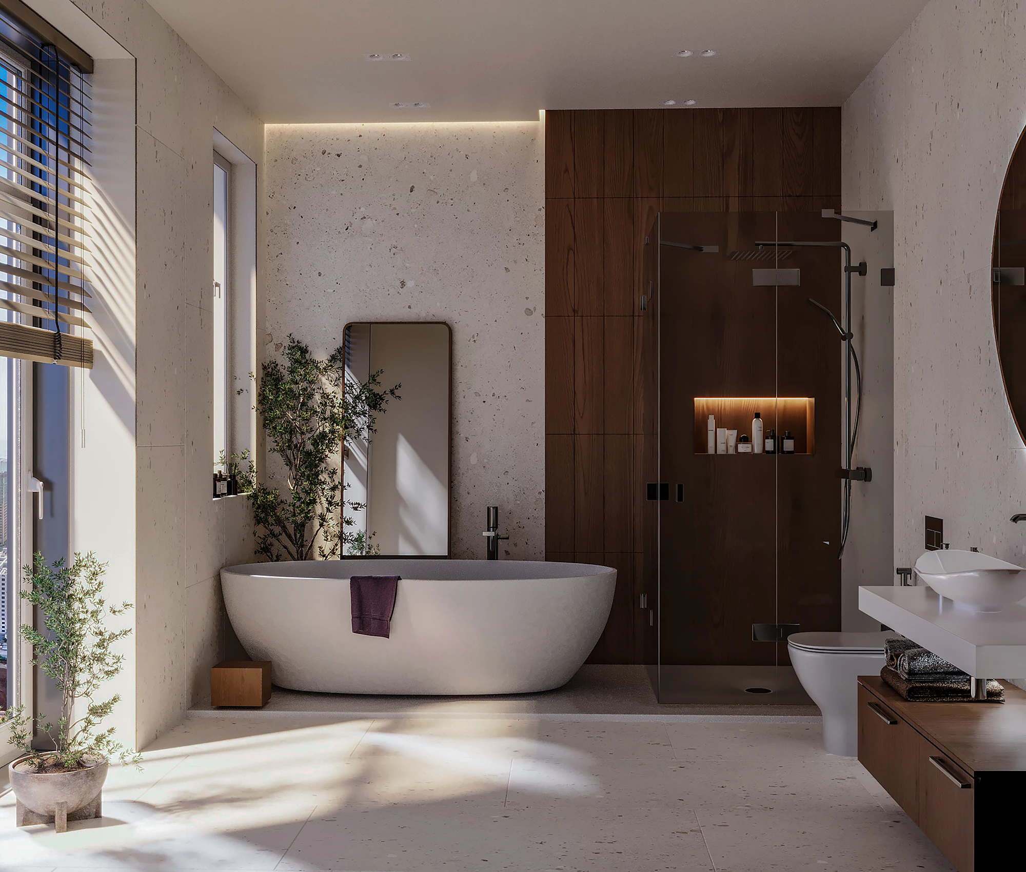 Calm bathroom with freestanding bath, timber feature wall and large window