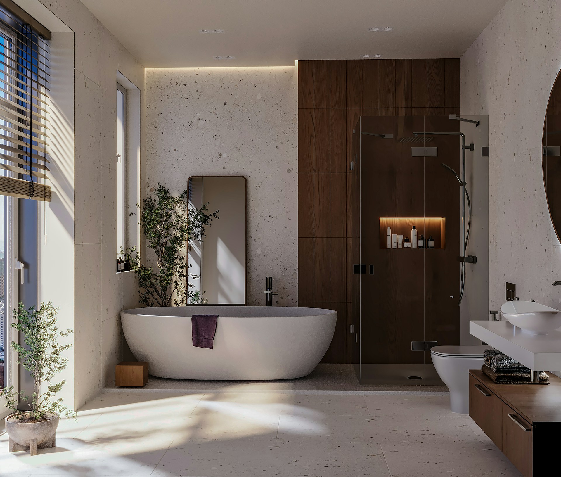 A bathroom with a tub, sink, and large window