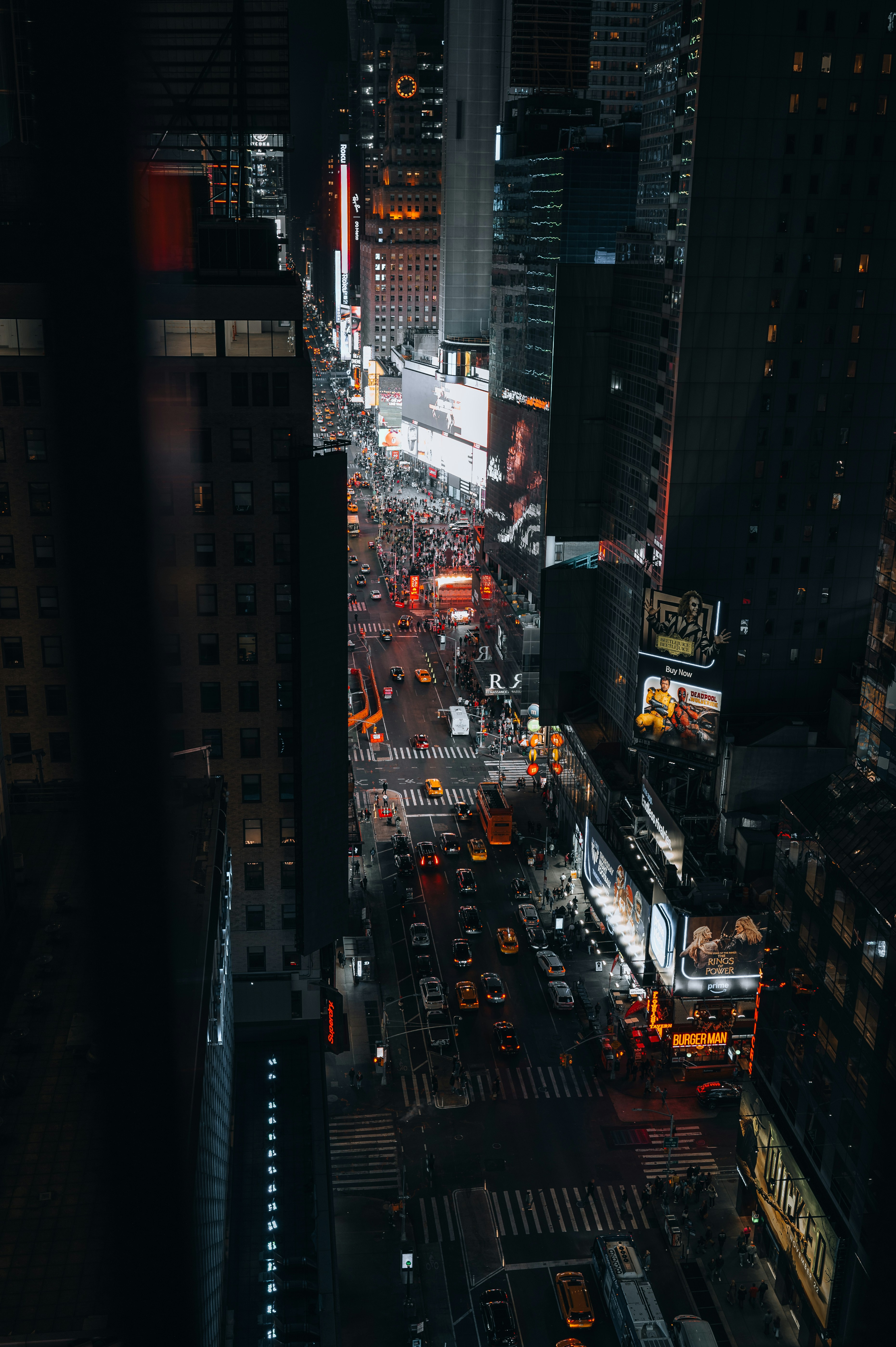 An aerial view of a city at night