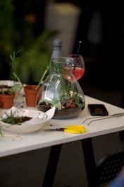 A white table topped with a bowl of plants
