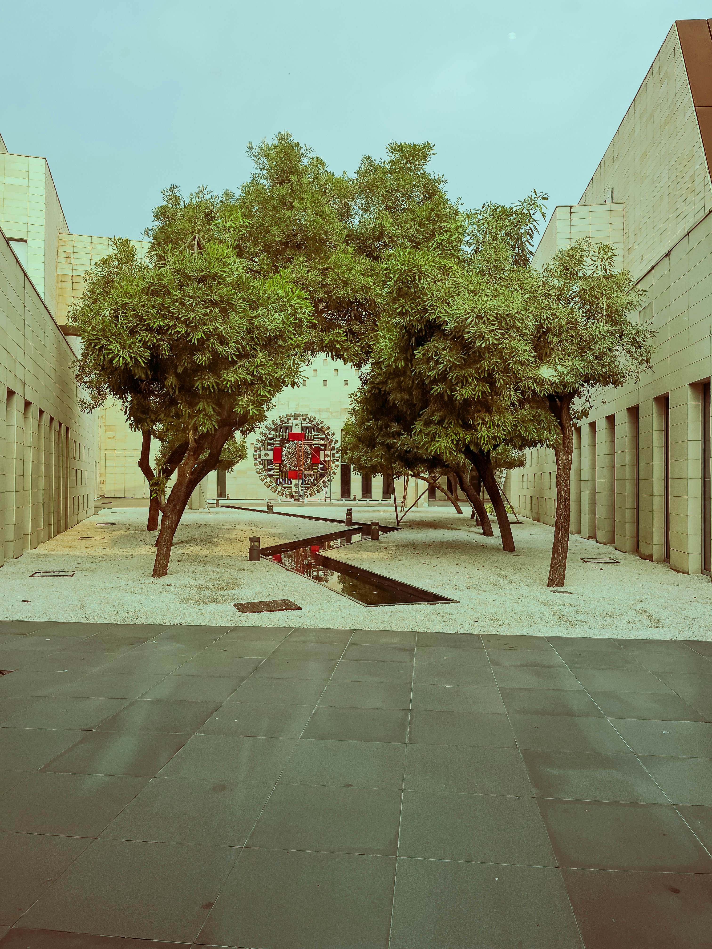Ein leerer Innenhof mit Bäumen und einem Gebäude im Hintergrund