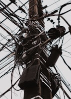 A telephone pole covered in lots of wires and wires