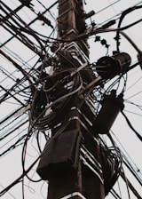 A telephone pole covered in lots of wires and wires