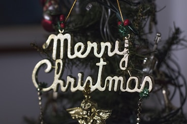 A merry christmas ornament hanging from a christmas tree