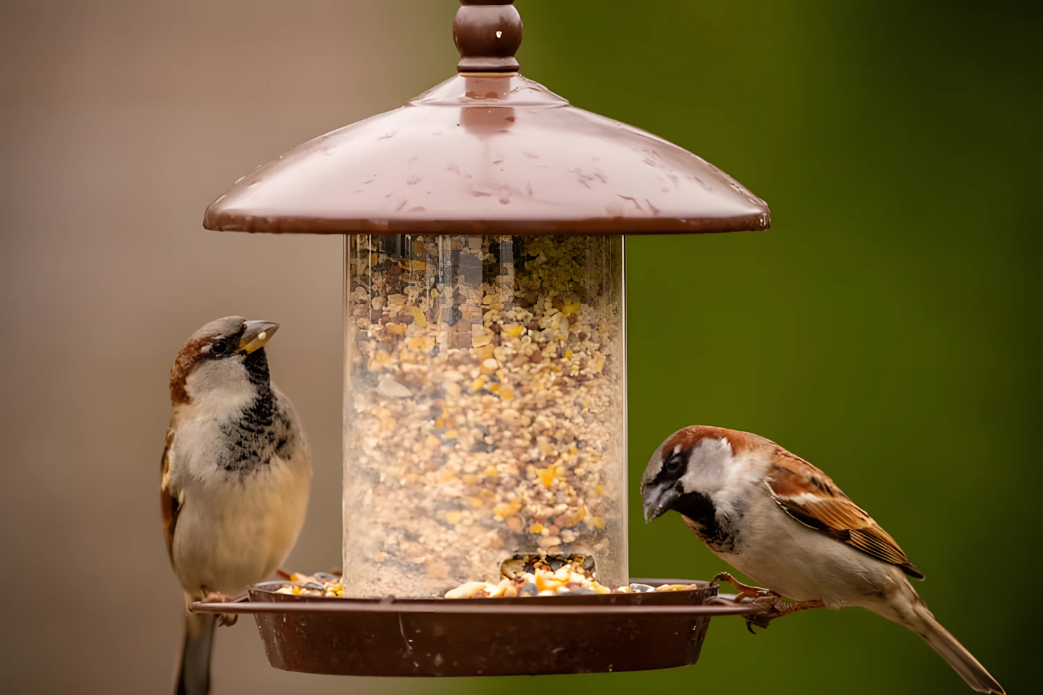 Two house sparrows at a lantern seed feeder with a brown roof and a wide seed tray