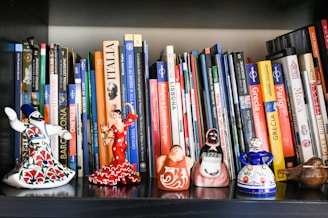 A bookshelf filled with lots of books and figurines