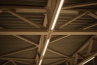An overhead view of a parking garage with lights
