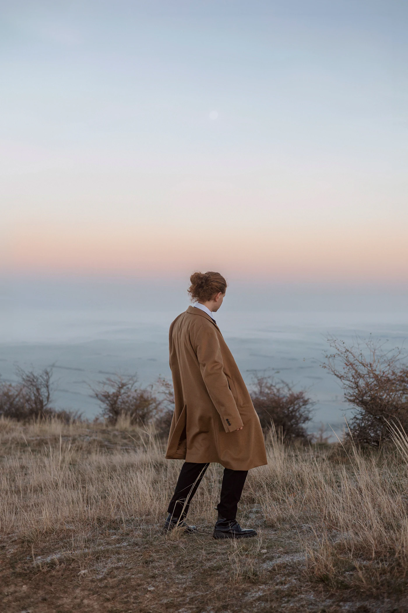 Stock illustration: person walking through grass above the coast