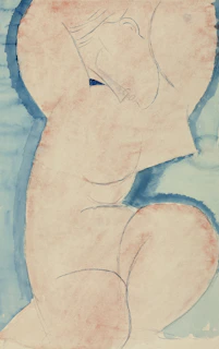 Sketch of a nude figure in blue and pink tones