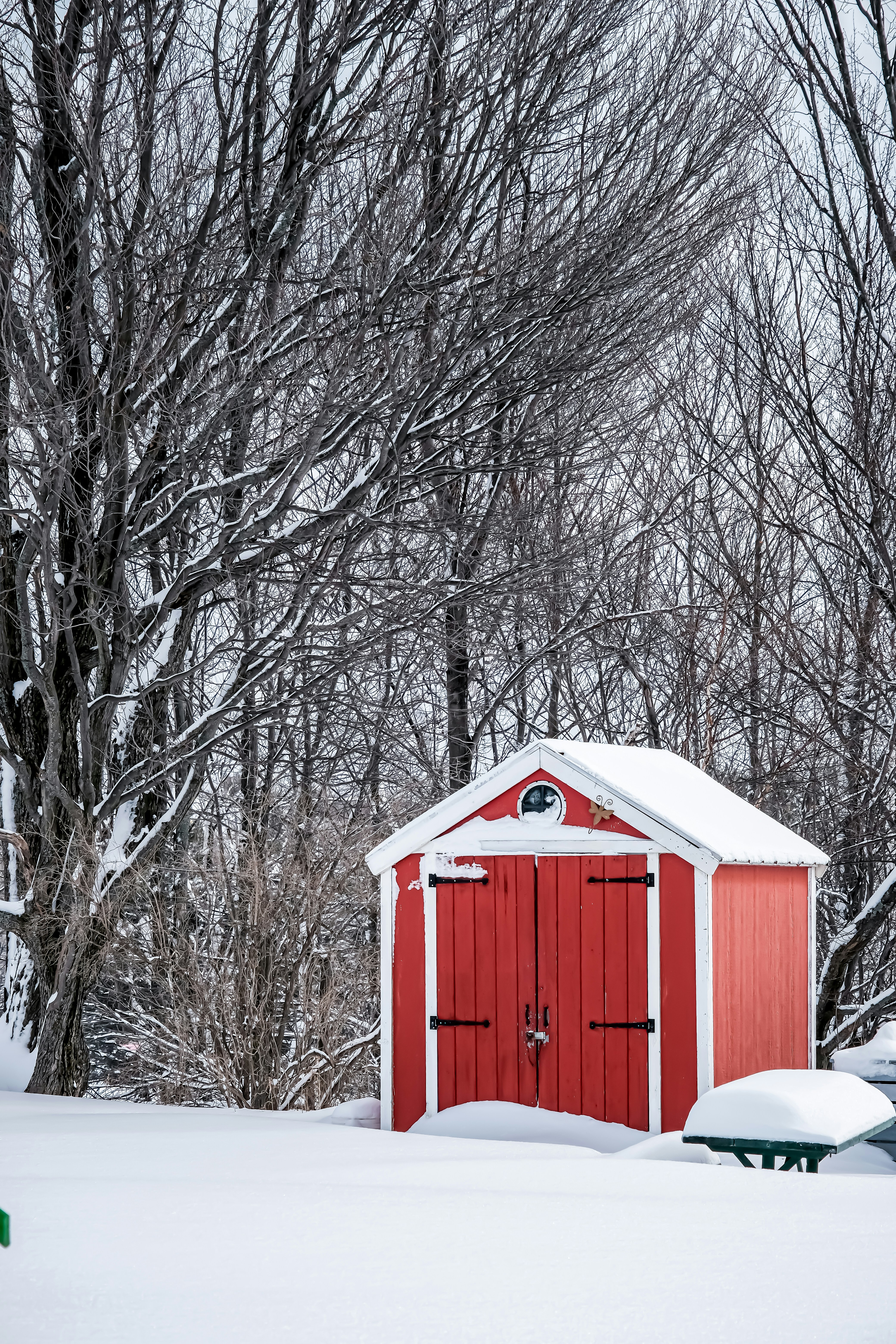 A red shed sitting in the middle of a snow covered field