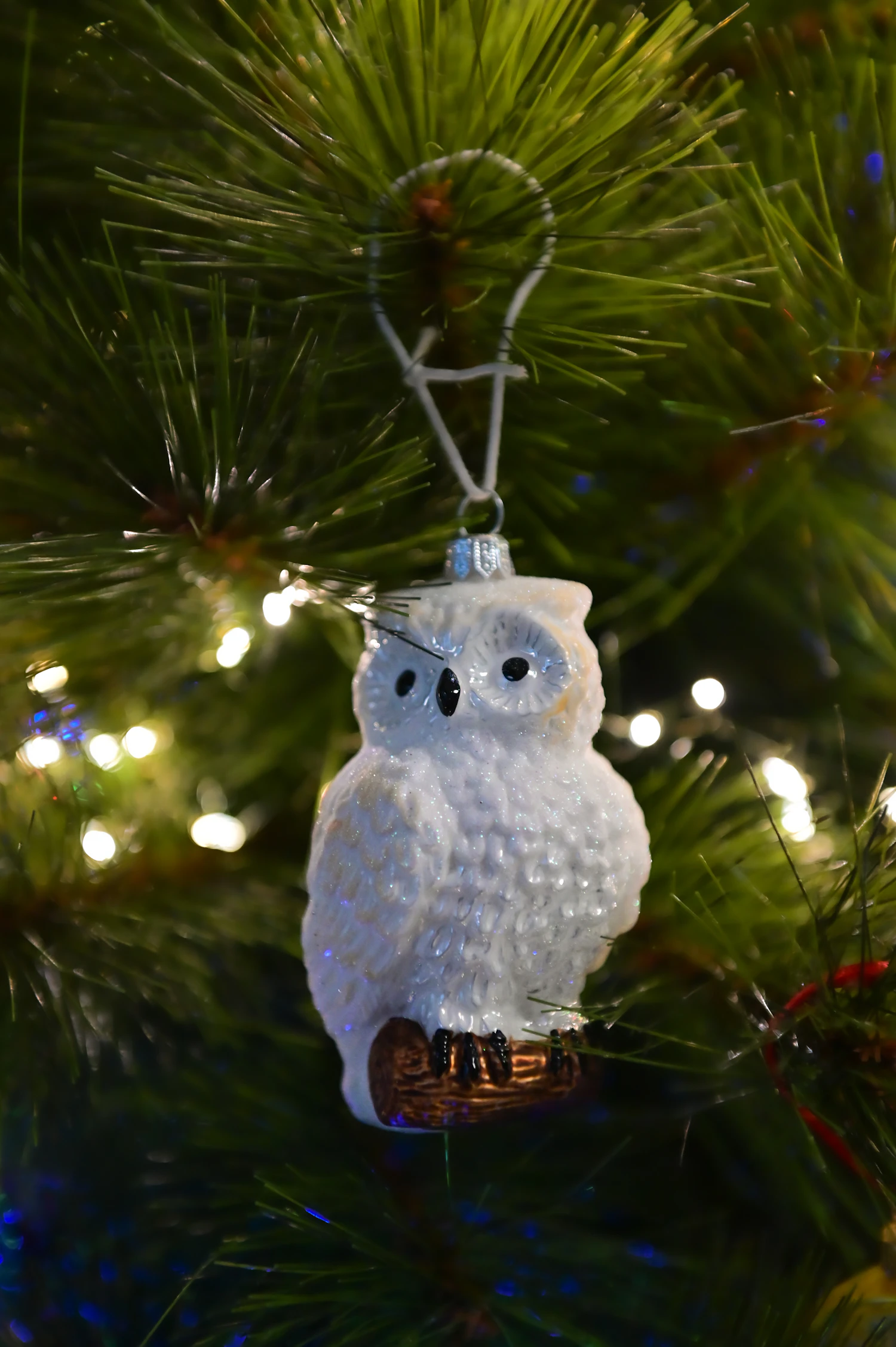 Eule white glass owl ornament hanging among fir needles and lights