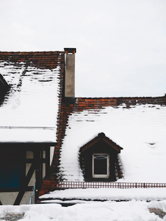 A house covered in snow with a bird sitting on the roof