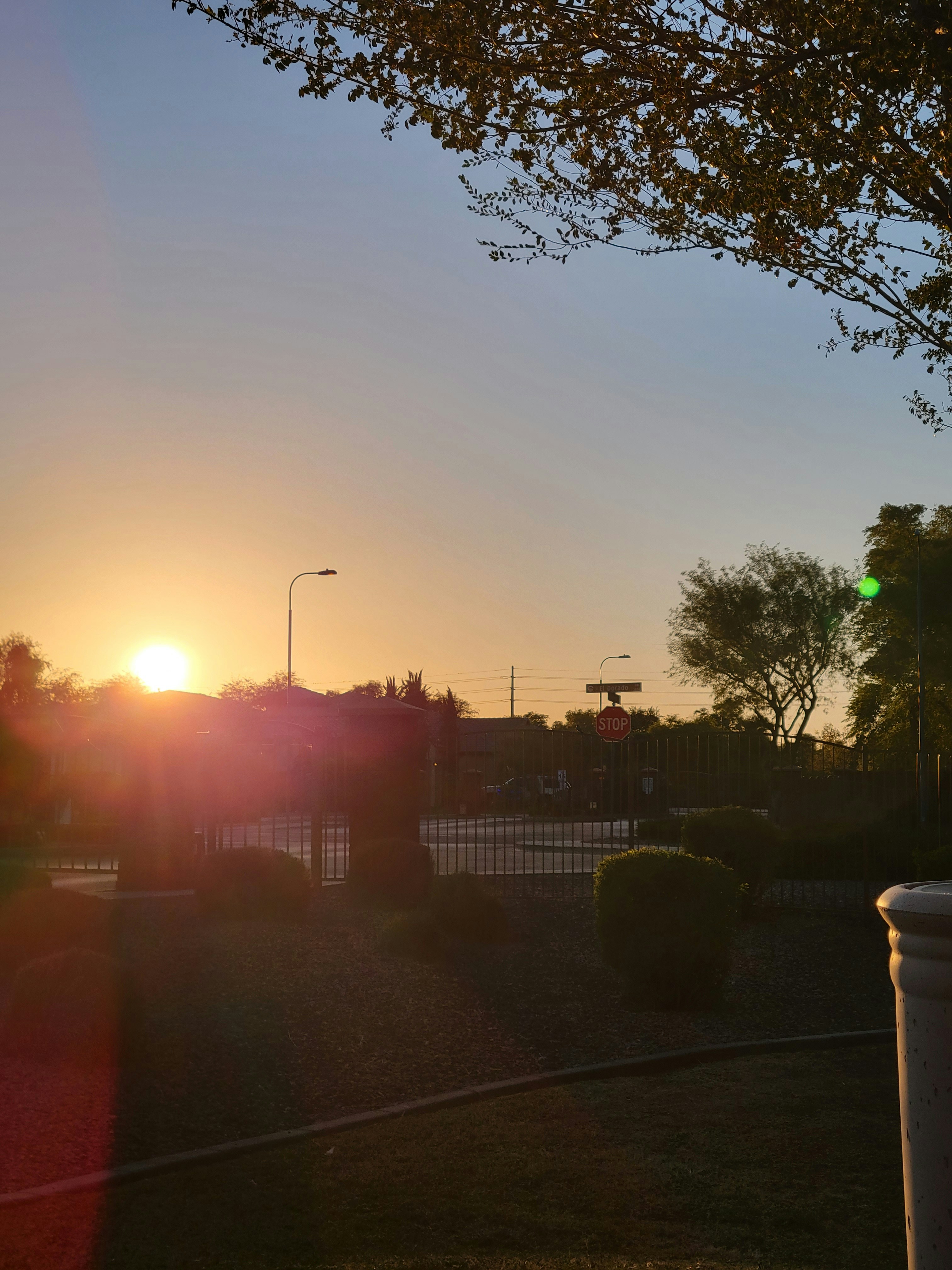 The sun is setting over a park area