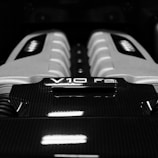 A black and white photo of a car engine