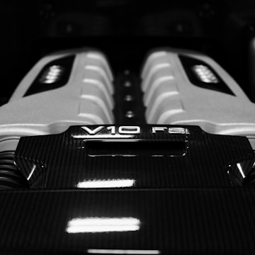 A black and white photo of a car engine