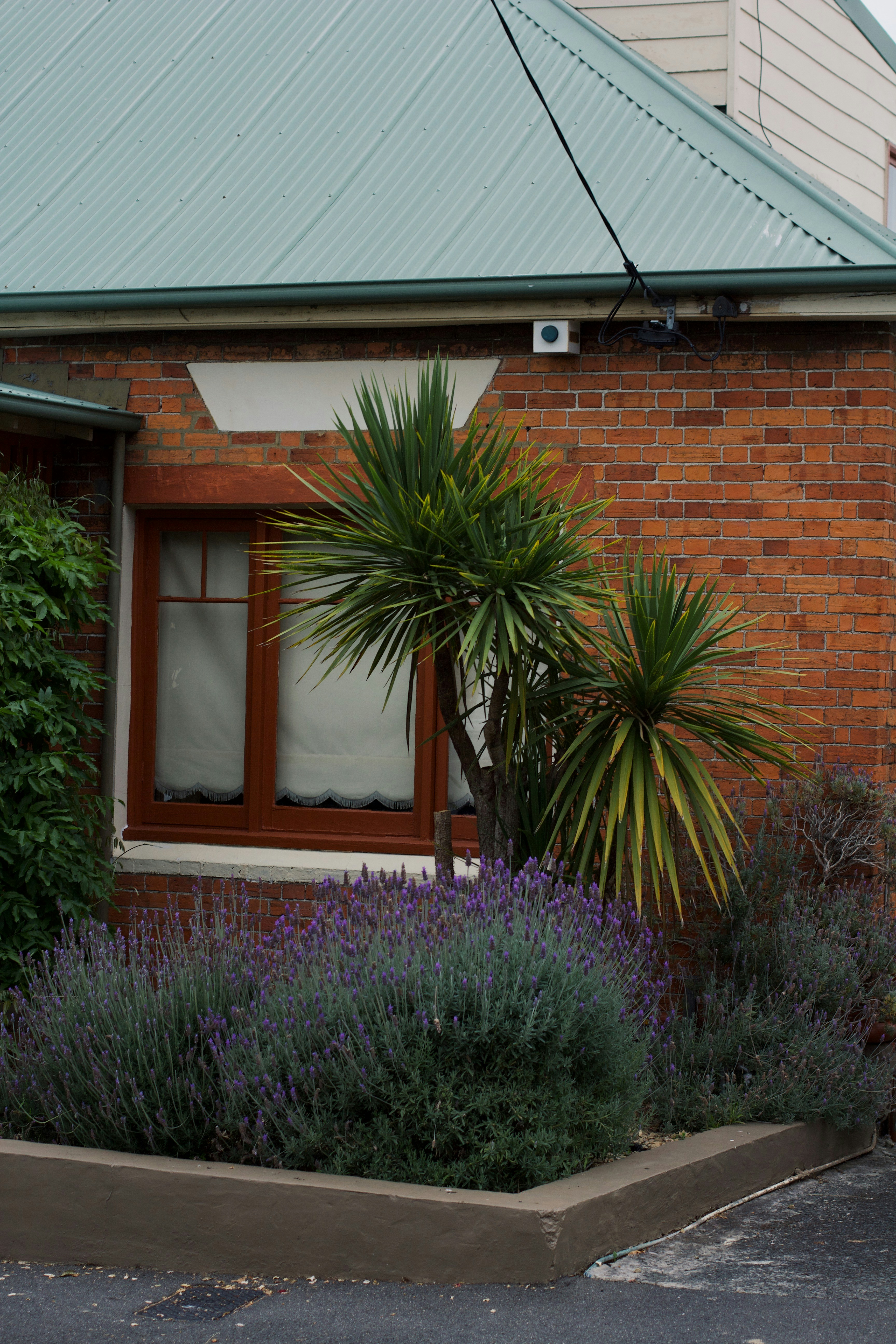 Una casa di mattoni con un tetto verde e piante davanti