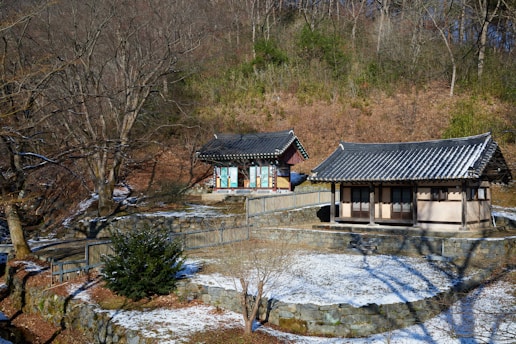 A couple of buildings sitting on top of a snow covered ground