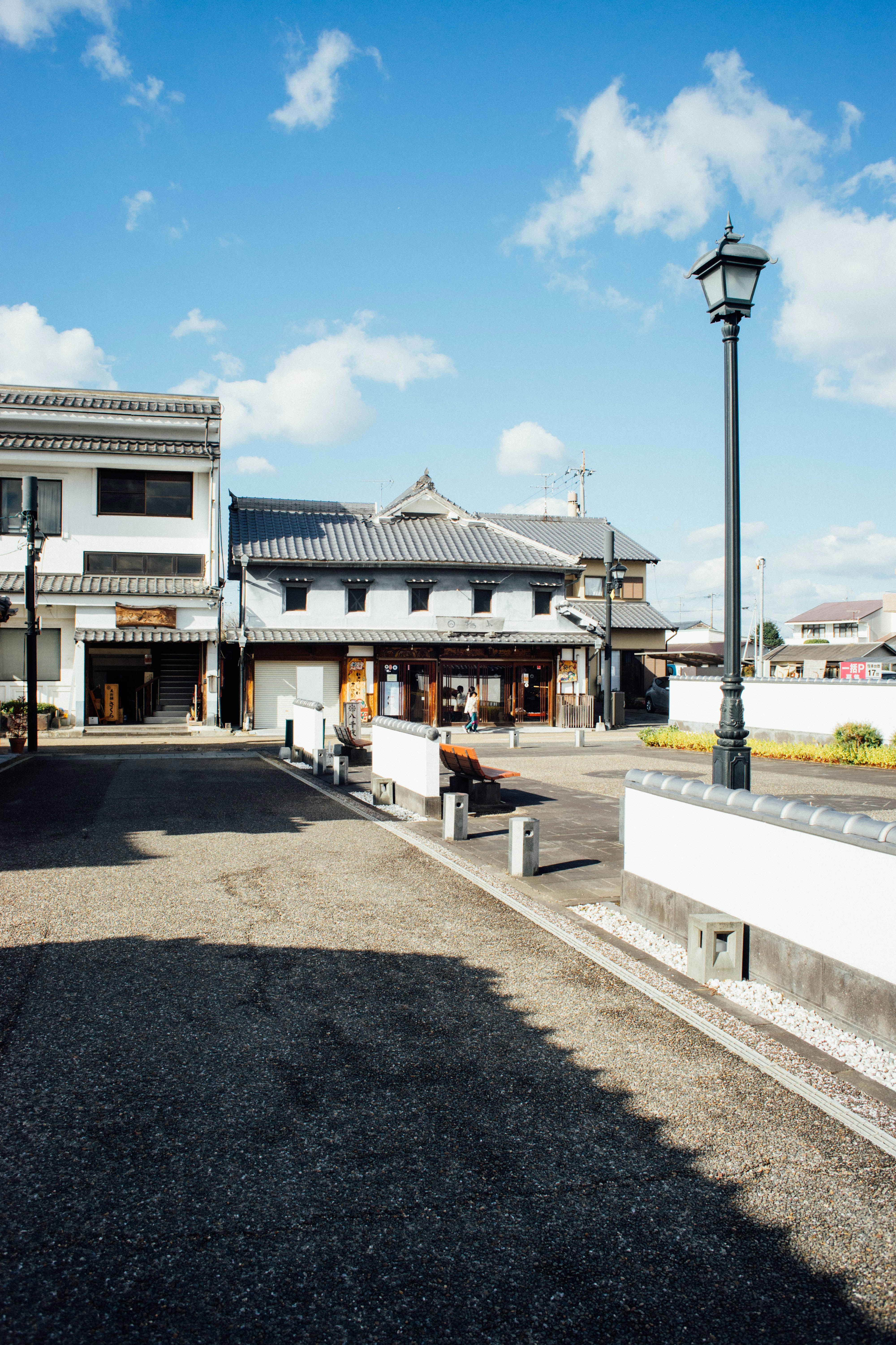 A building with a street light in front of it