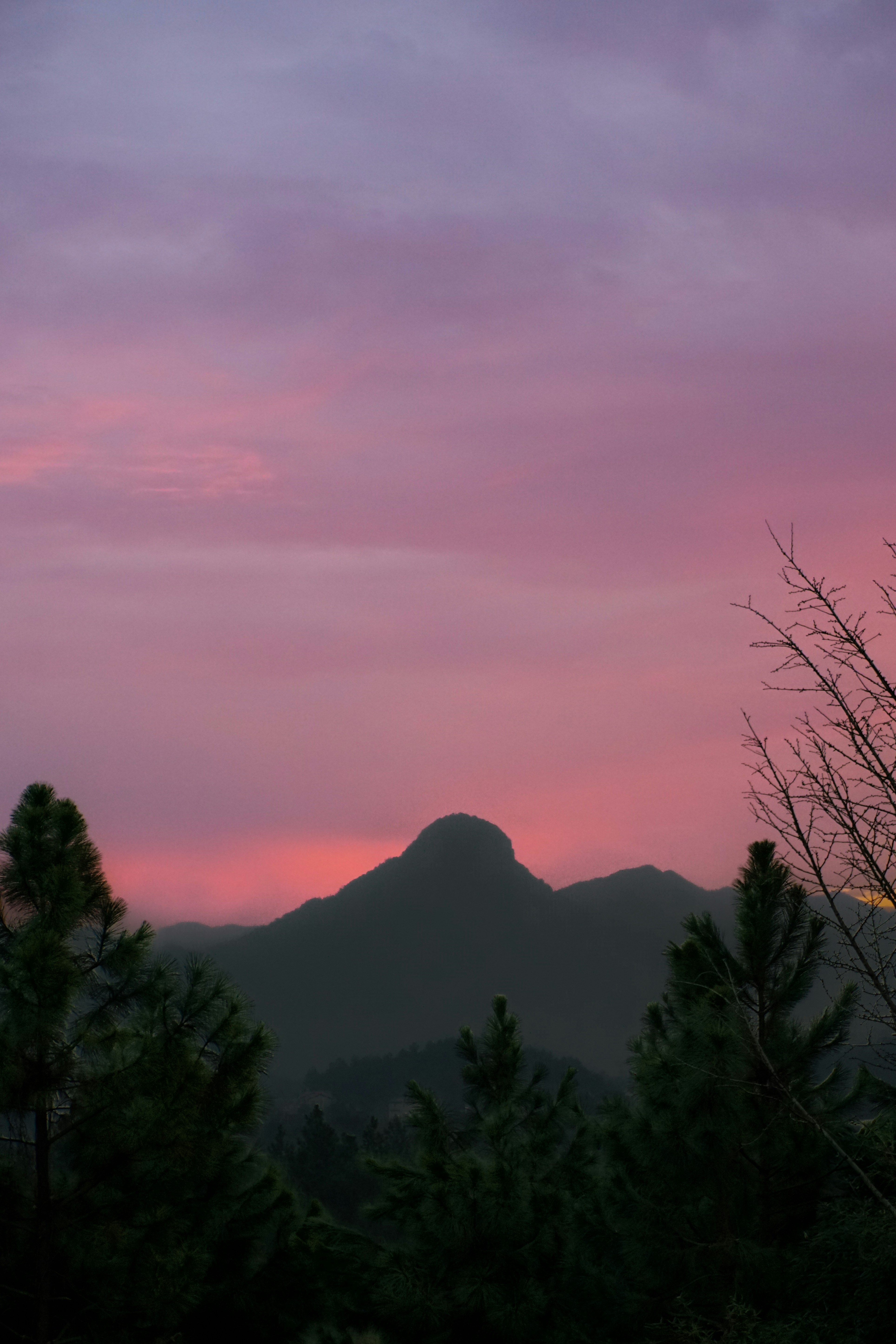 A pink and purple sky with a mountain in the distance