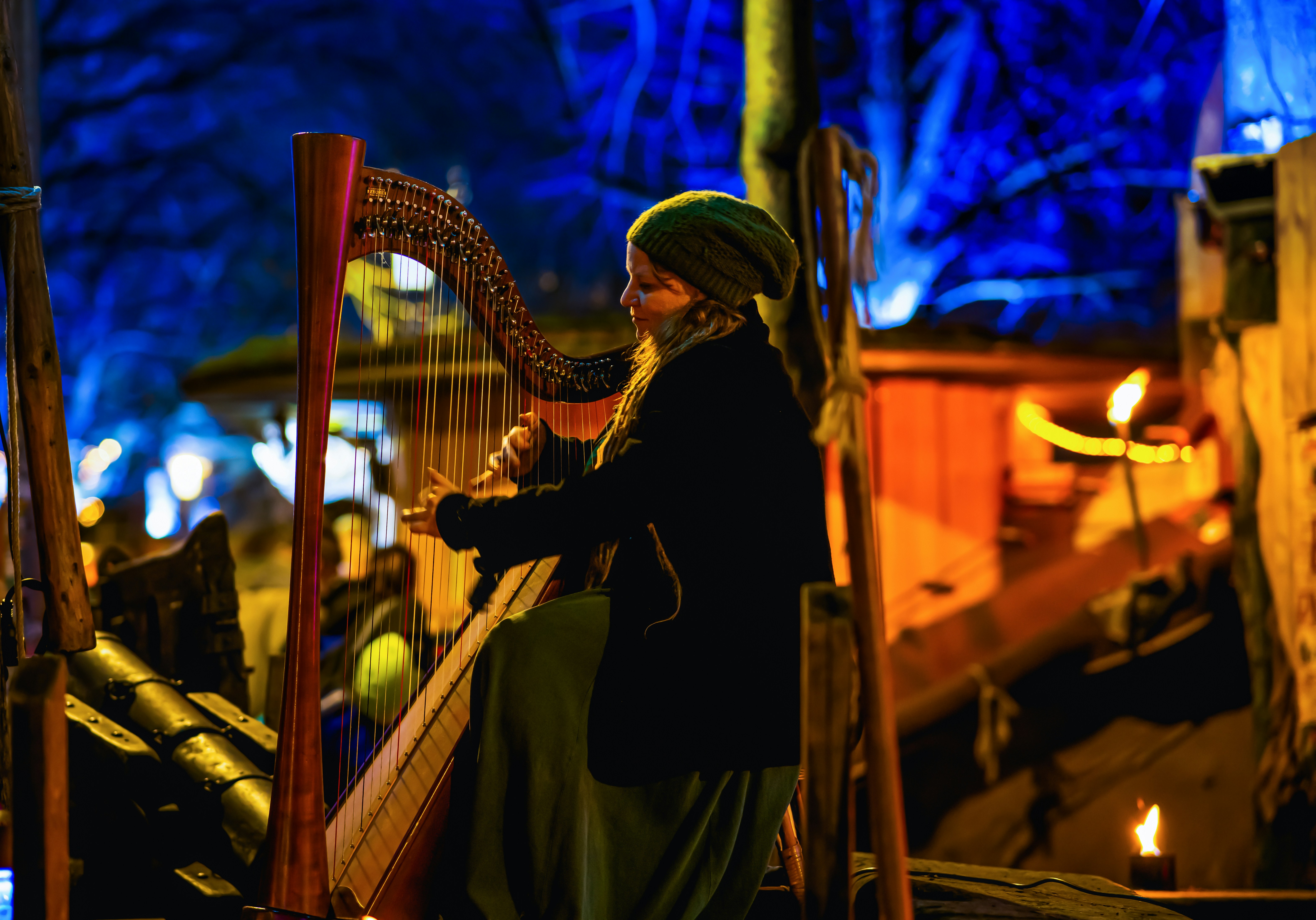 Una donna che suona uno strumento musicale davanti a una folla di persone