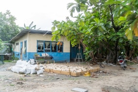A small blue and white house surrounded by trees