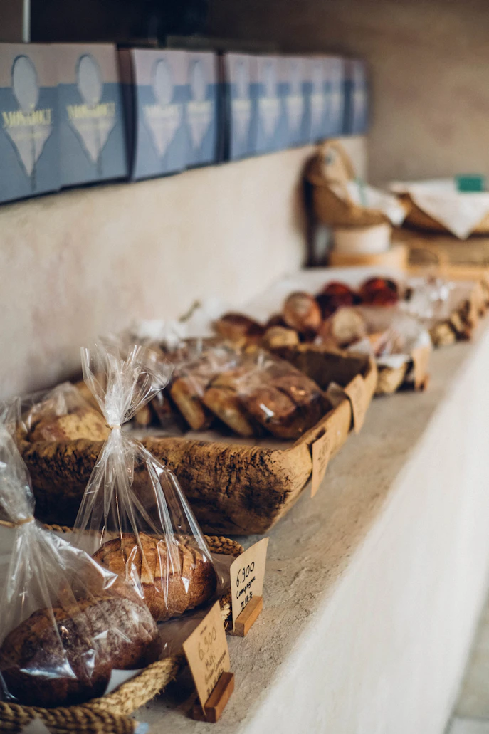 Artisan bread for sale at a farmers market
