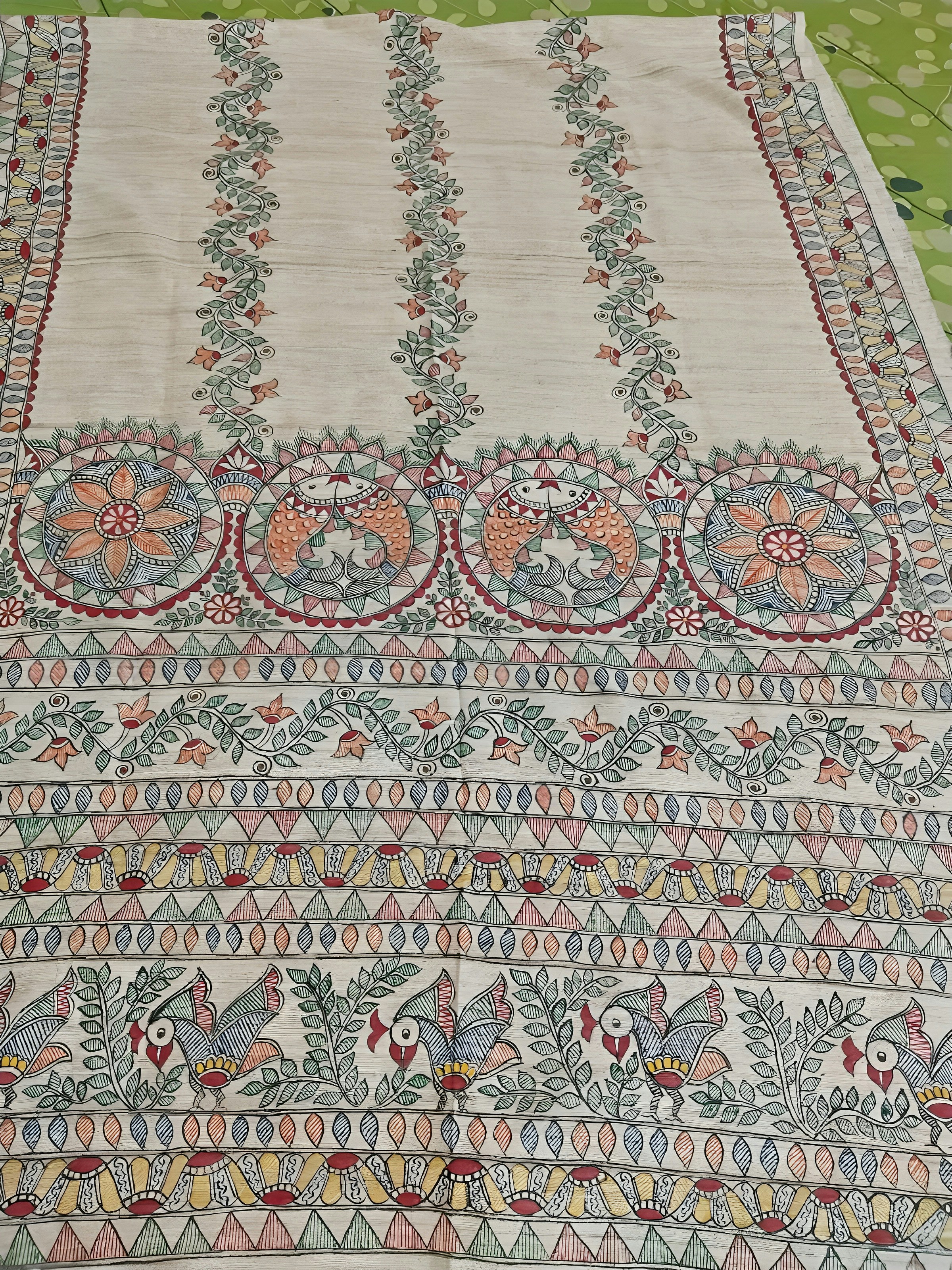 Colorful traditional handloom fabric with intricate weave pattern